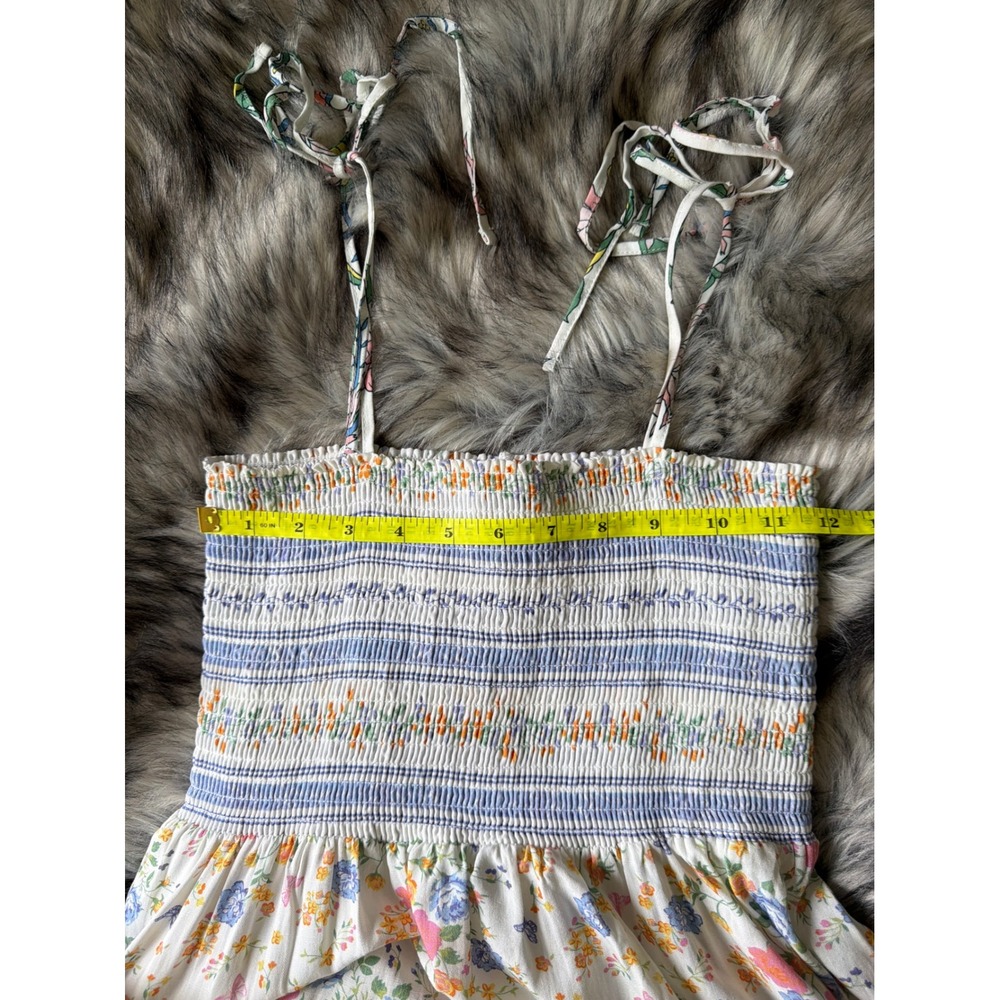 Maaji Floral Smocked Maxi Dress Tie Shoulder Boho Cottagecore Blue White Medium - Picture 4 of 6